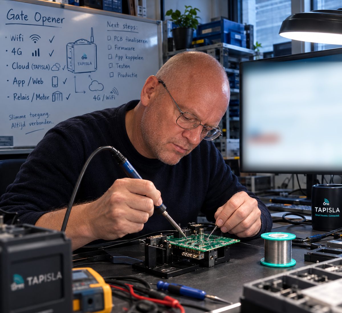 Robbert at his workbench with electronics, with a whiteboard full of notes behind him.